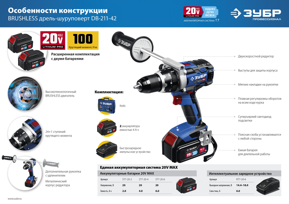 ЗУБР Т7, 20 В, 100 Н·м, 2 АКБ (4 А·ч), бесщеточная дрель-шуруповерт, кейс, Профессионал (DB-211-42)