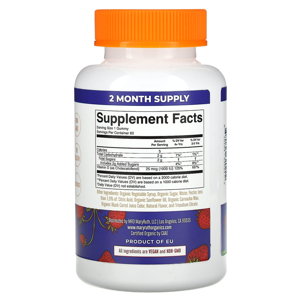 MaryRuth's, Органические жевательные мармеладки с витамином D3, клубника, 60 жевательных мармеладок (25 мкг в каждой жевательной мармеладке)