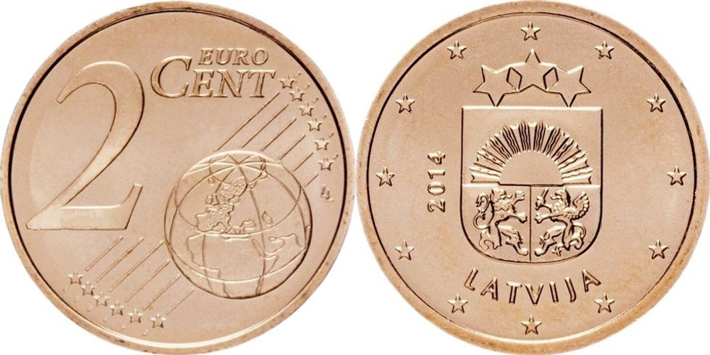 Латвия 2 евроцента, 2014-2024 Герб XF