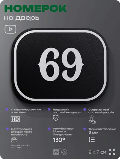 Номерок на дверь квартиры 69, для кабинета, офиса, шильдик 9 х 7 см, черный, Айдентика Технолоджи