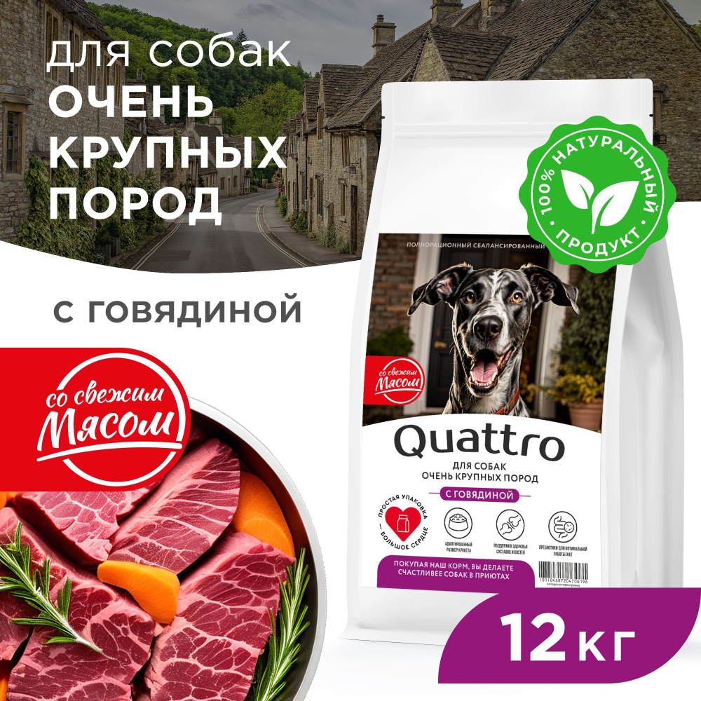 Корм сухой для взрослых собак очень крупных пород, премиум полнорационный сбалансированный, с говядиной, 12 кг, QUATTRO