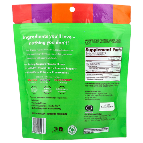 Wedderspoon, Органические леденцы с медом манука, ассорти из 3 вкусов, 24 леденца, 118 г (4,15 унции)