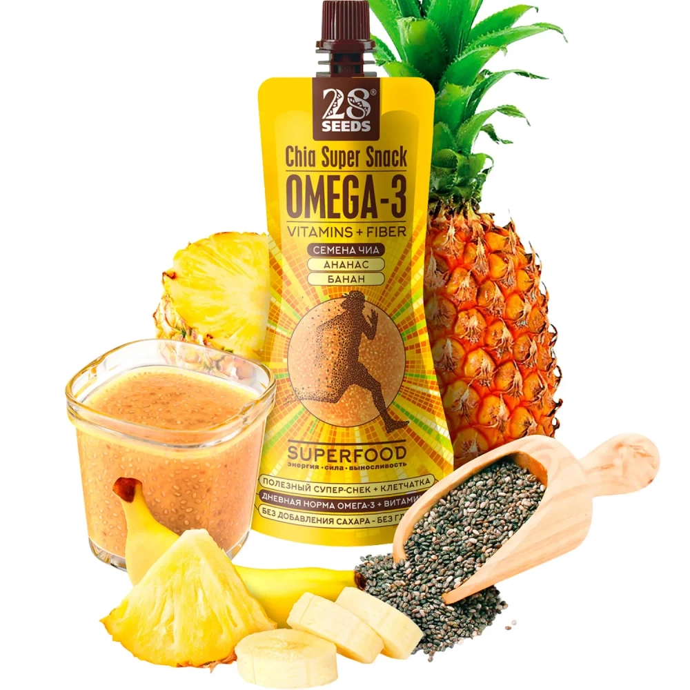 Супер-снек ЧИА ОМЕГА-3 «Ананас + Банан» 150 г 28SEEDS — тропический суперснек с семенами чиа и Омега-3