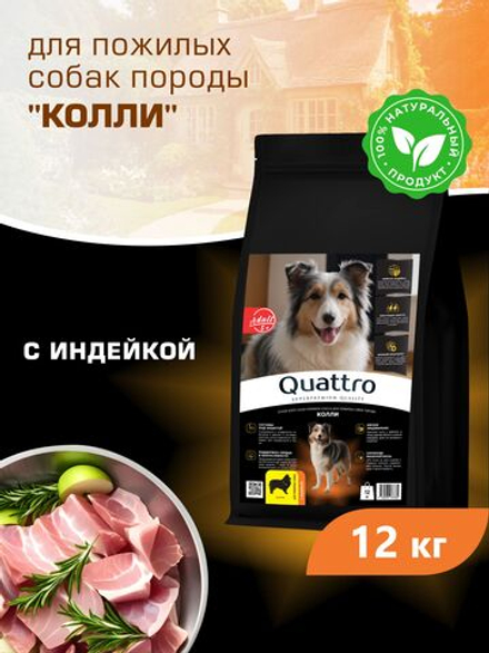 Корм сухой для пожилых собак породы Колли старше 5 лет, с индейкой, 12 кг, QUATTRO