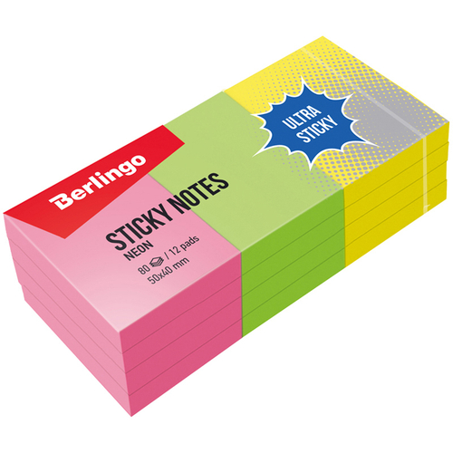 Самоклеящийся блок Berlingo "Ultra Sticky", 50*40мм, 12 блоков по 80л., 3 неоновых цвета