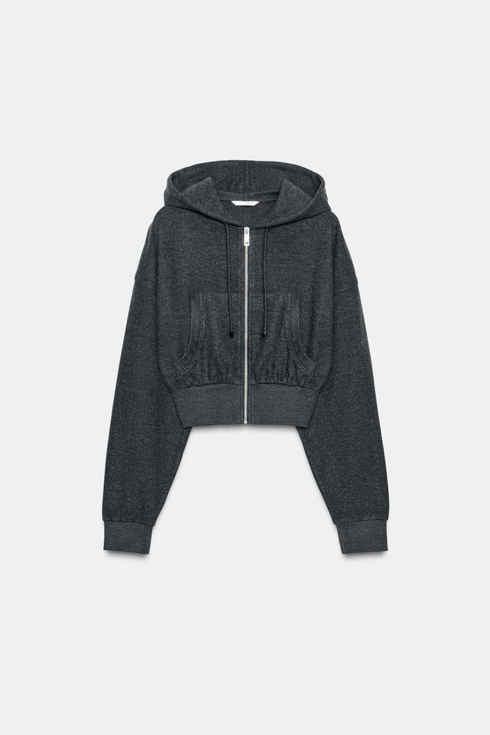 ZARA УКОРОЧЕННОЕ ХУДИ С КАПЮШОНОМ, ТЕМНО-СЕРЫЙ