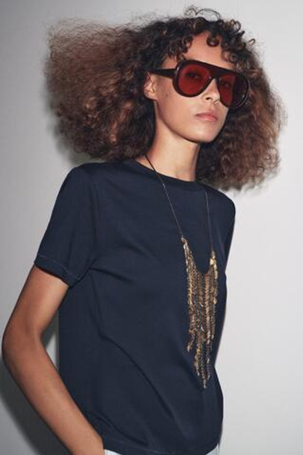 ZARA ФУТБОЛКА ИЗ МЕРСЕРИЗОВАННОГО ХЛОПКА, МОРСКОЙ СИНИЙ