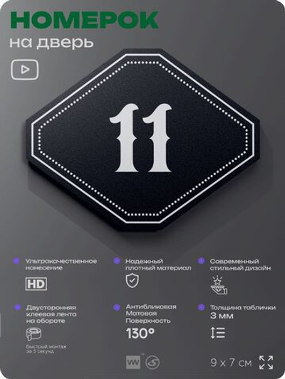 Номерок на дверь квартиры 11, для кабинета, офиса, шильдик 9 х 7 см, черный, Айдентика Технолоджи