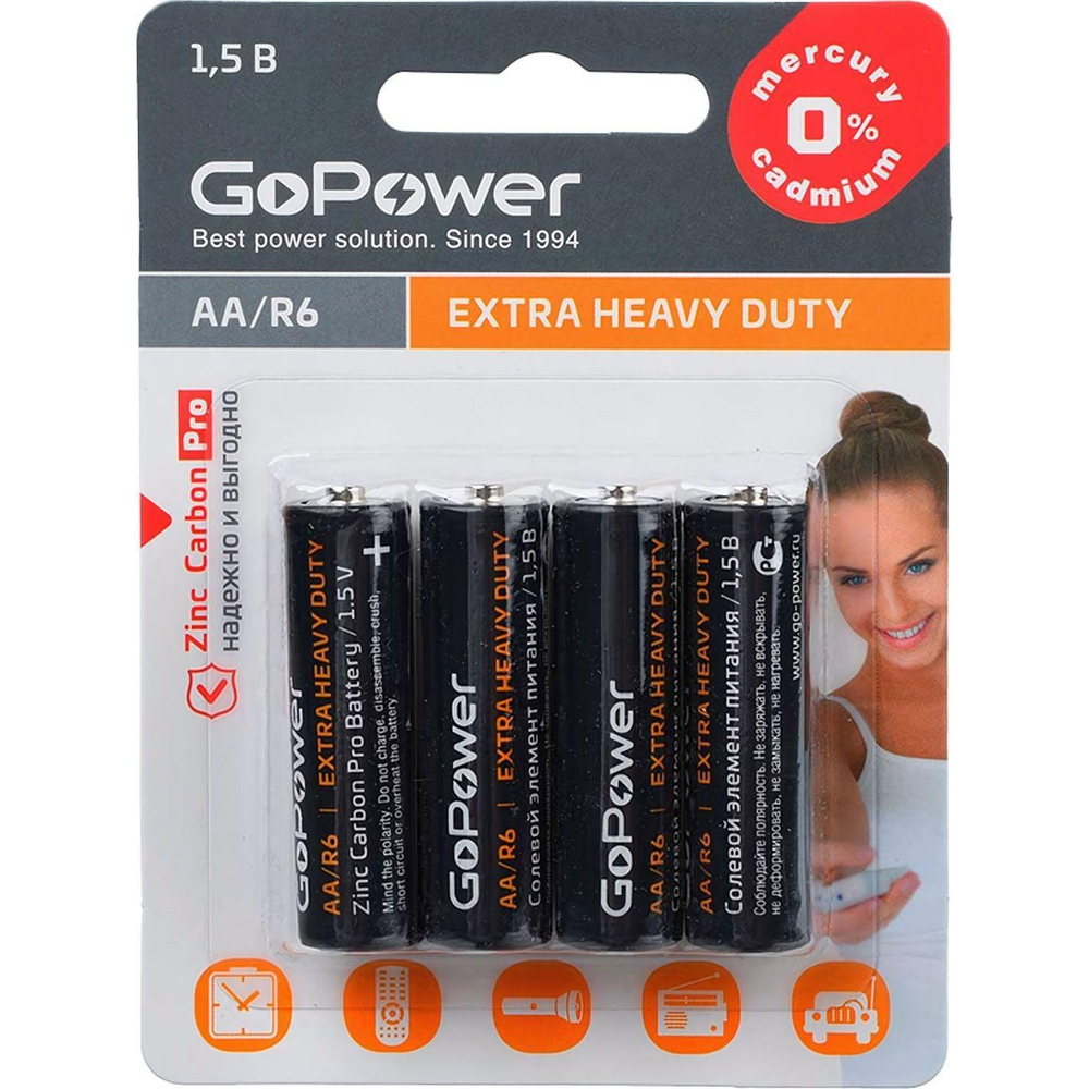Батарейка GoPower R6 AA 4шт/бл Heavy Duty 1.5V (4/48/576)