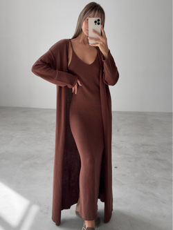 Комплект вязаный, платье на лямках и длинный кардиган