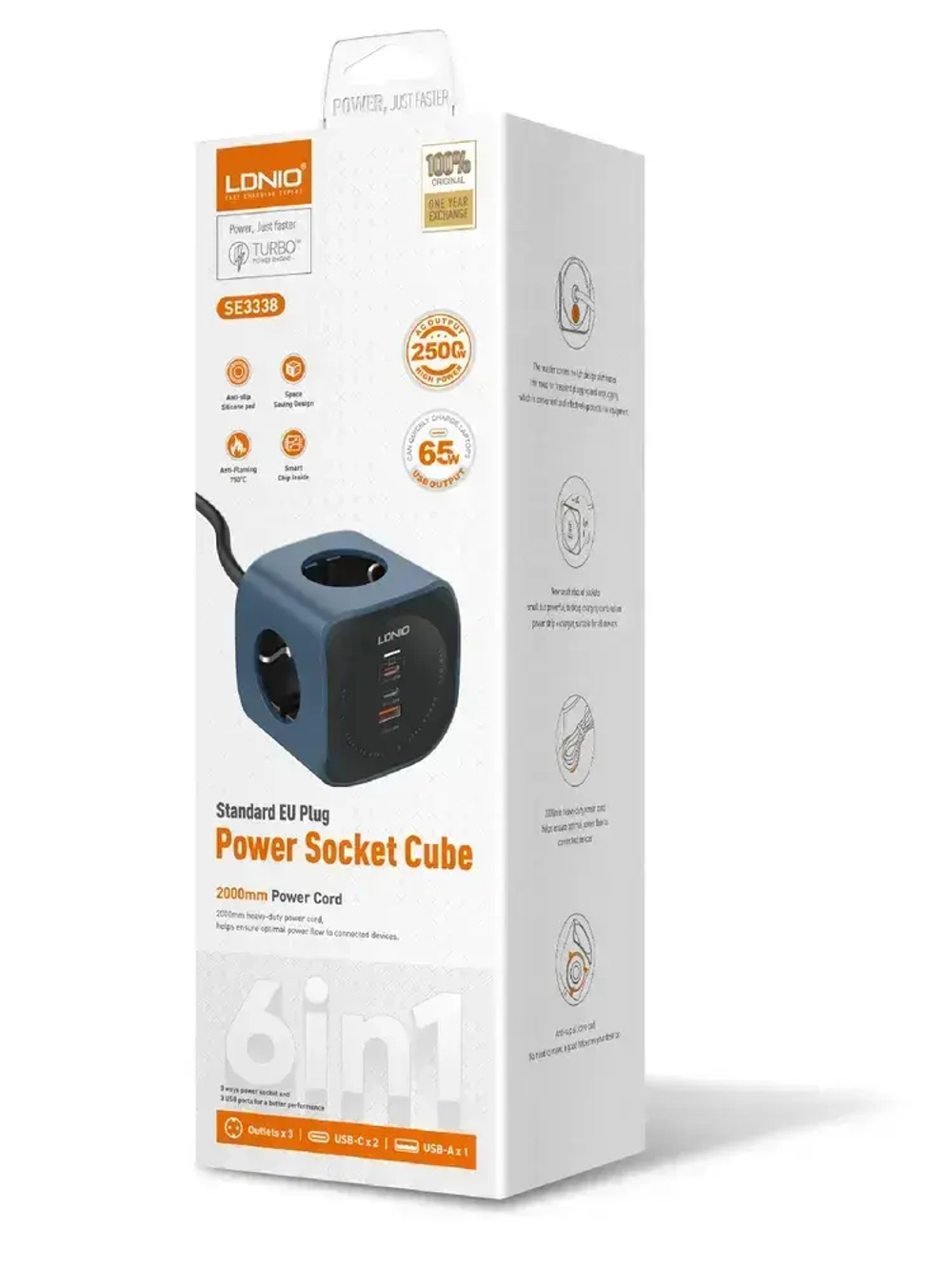 LDNIO SE3338 Удлинитель сетевой фильтр 3 розетки, супер быстрая зарядка 65 Вт, тройник разветвитель с заземлением и выключателем
