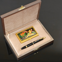 Набор подарочный "Иван и Жар-птица" №051 визитница персональная с ручной росписью и ручка Parker