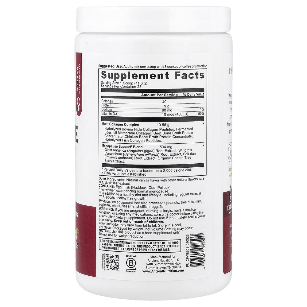 Ancient Nutrition, поддержка в период менопаузы и коллаген, с ванильным вкусом, 289,9 г (10,2 унции)