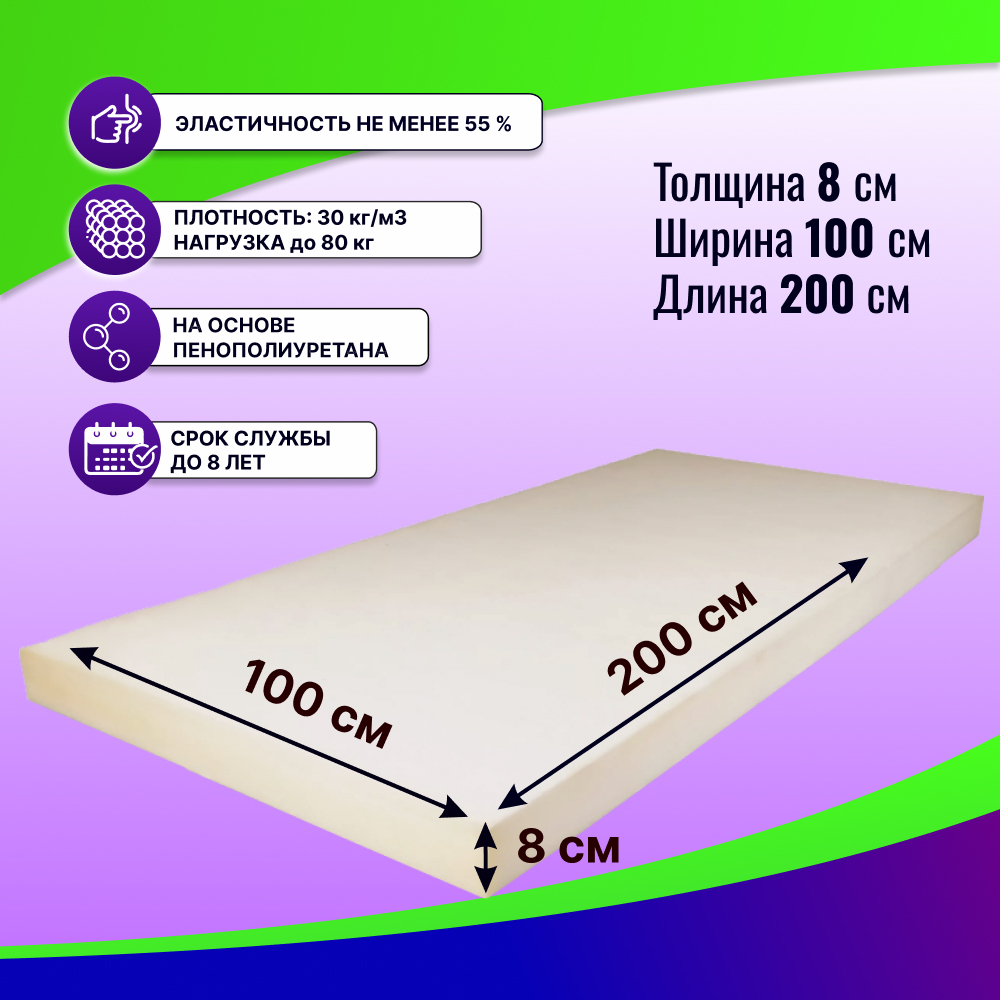 Поролон HR 3035 мебельный высокоэластичный толщиной 8 см жесткость 3.5 кПа, плотность 55кг/м3