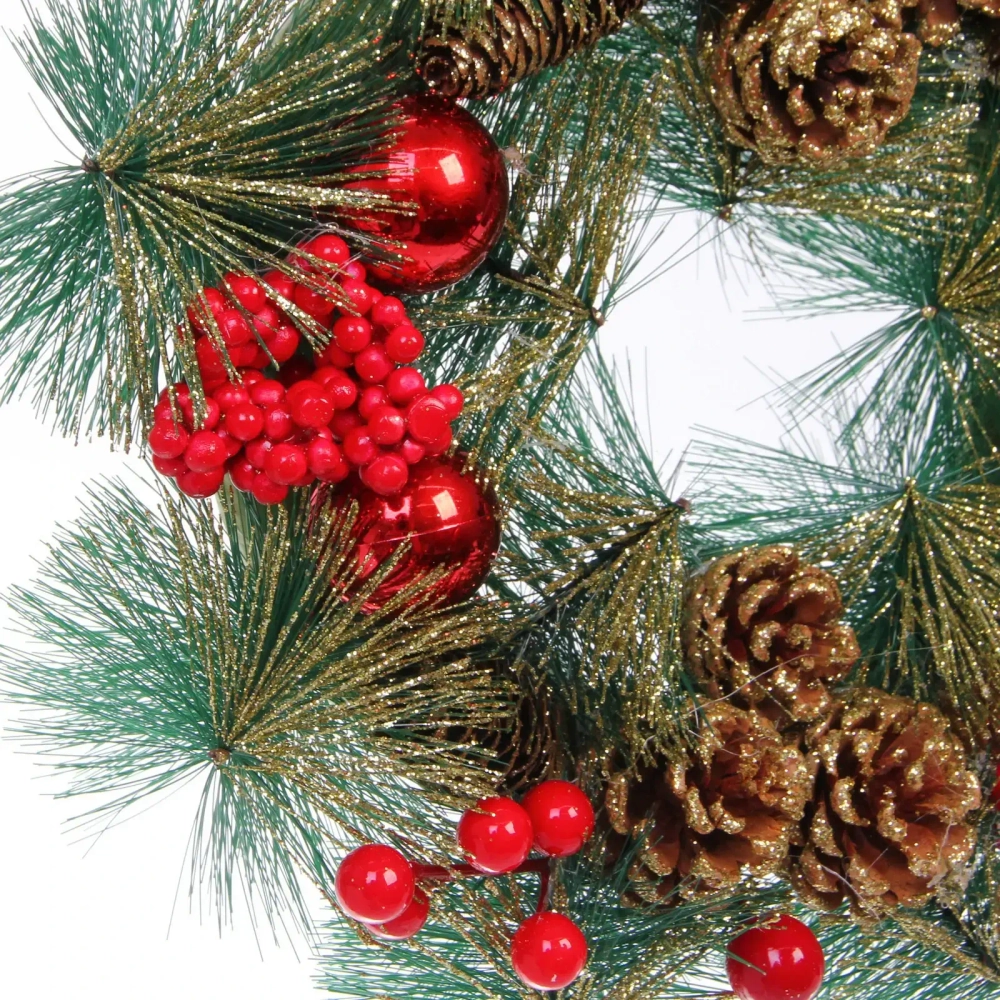 Венок декоративный «Зимняя сказка» d-30 см Леска, шишки и ягоды, Красный