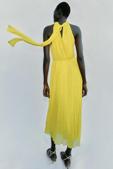 ZARA ПЛАТЬЕ МИДИ ПЛИССЕ, ЛАЙМОВЫЙ
