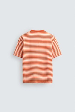 ZARA ФУТБОЛКА REGULAR FIT ЖАККАРД В ПОЛОСКУ, БЕЛО-ОРАНЖЕВЫЙ