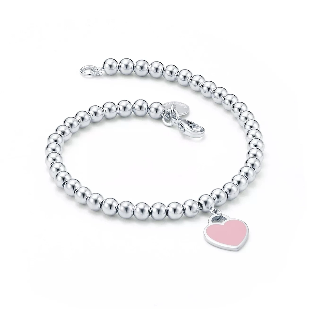 Браслет из серебра, 925 , Tiffany, с сердцем покрытым розовой эмалью💖 В наличии