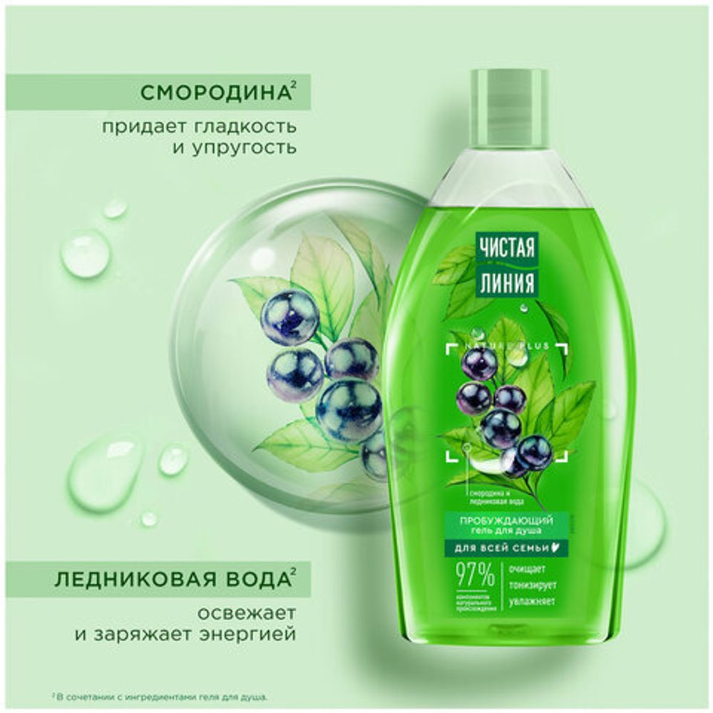 Гель для душа 750 мл, ЧИСТАЯ ЛИНИЯ "Смородина и ледниковая вода", на натуральной основе