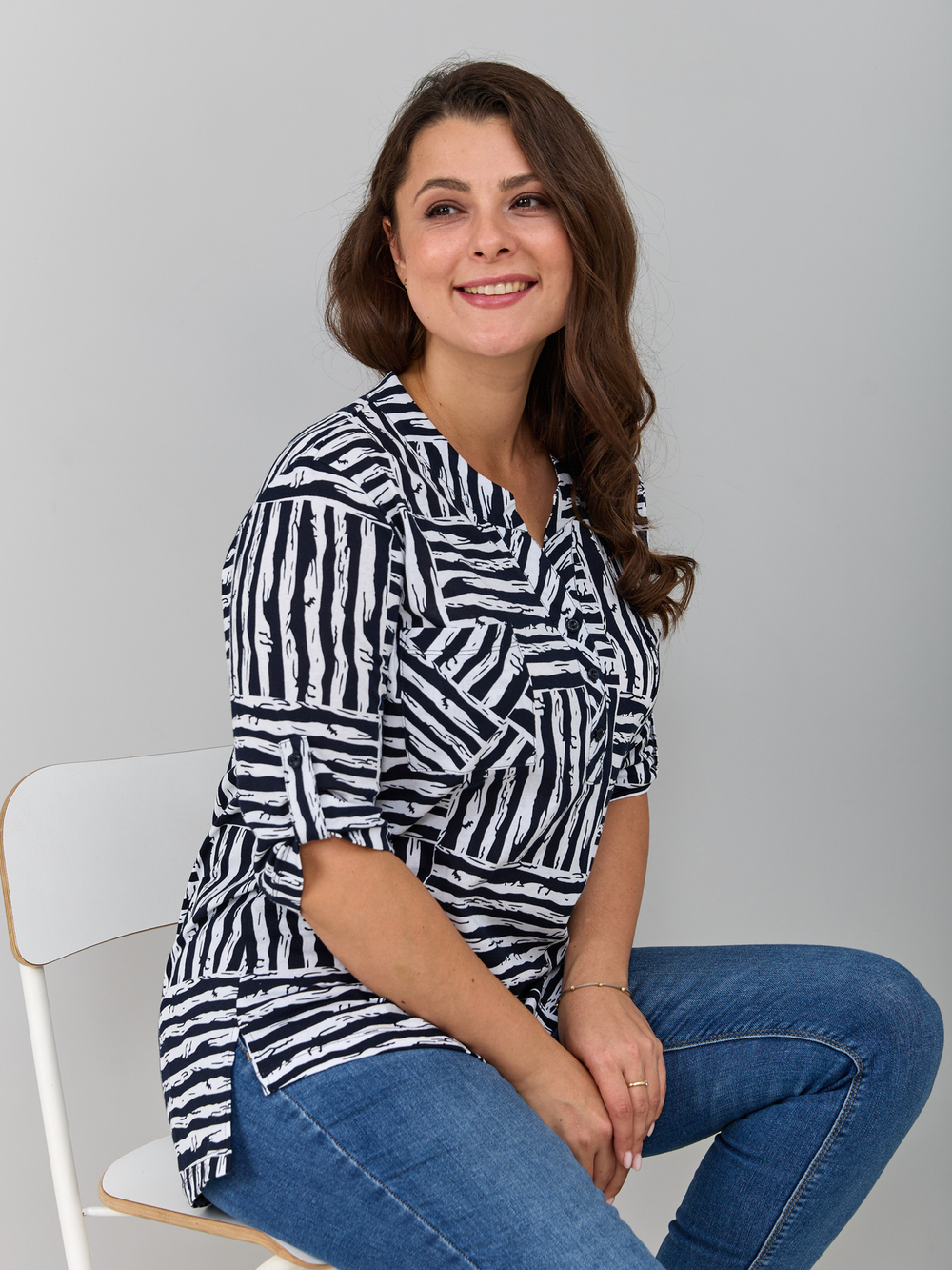 Блузка БЛ-131/синий-полосаквадрат