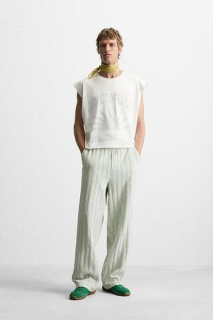 ZARA ЖАККАРДОВЫЕ БРЮКИ RELAXED FIT, СВЕТЛО-ЗЕЛЕНЫЙ