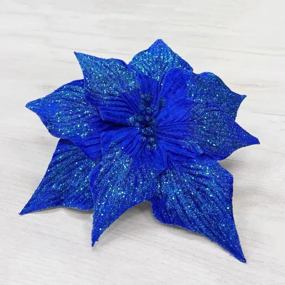 Декоративный цветок Пуансеттия 30 см., синий с блестками, на клипсе, Christmas DeLuxe (87137)