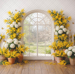 Окно - мимоза - гортензии - фон неопреновый