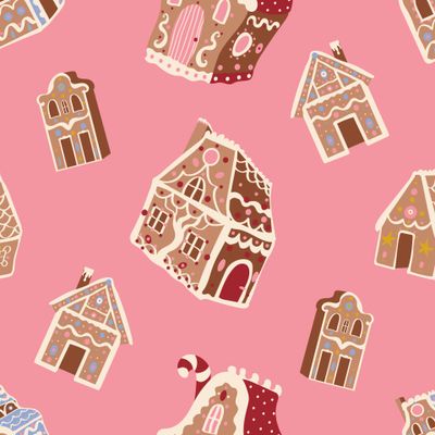 Новогодние пряничные домики на розовом фоне. Рождество. Christmas gingerbread houses