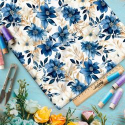 Ткань премиум сатин цветочные серо-голубые мотивы