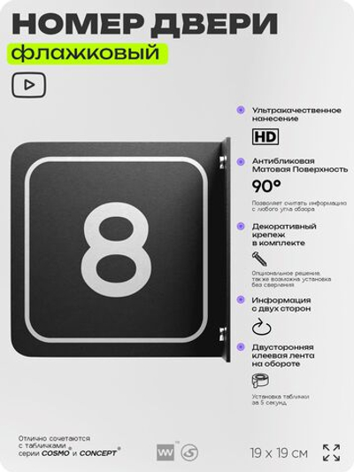 Табличка флажковая с номером 8 на дверь квартиры, для офиса, кабинета, аудитории, склада, черная двустороняя 19х19 см, Айдентика Технолоджи