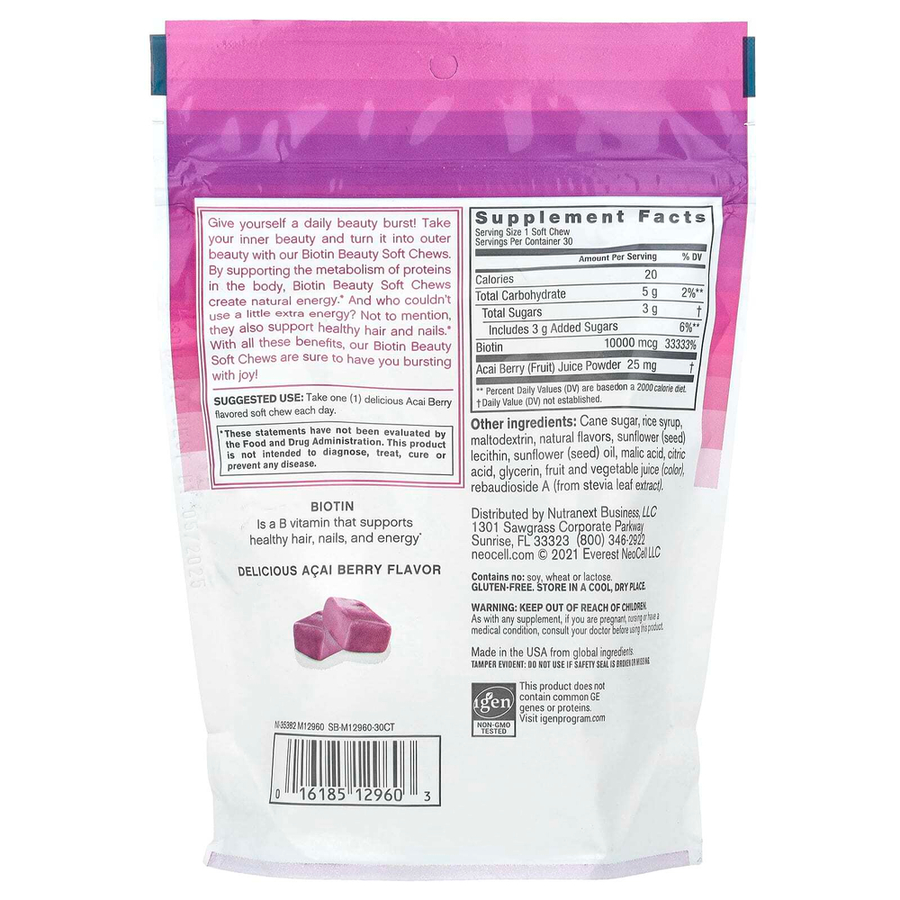 NeoCell, Biotin Bursts, вкус ягод асаи, 10 000 мкг, 30 жевательных таблеток