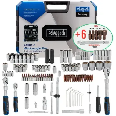Набор инструментов 150+6пр.1/4''3/8''1/2''(6-гр.)(4-36мм, 3/8'':10-19мм 12гр., 1/2'':27,30,32,36-12гр.)+(биты 5/16'':М6,8,10,12,14, гибкий удлинитель 1/4'') Scheppach Sch-41501-5 (Premium)