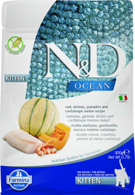 Сухой корм FARMINA N&D Ocean Kitten для котят с треской, креветкой, тыквой и дыней - 0,3 кг