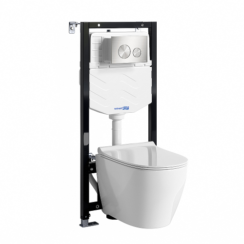 Унитаз подвесной WasserKRAFT Mindel 10TLT.010.ME.BN02.H002 безободковый, с инсталляцией Aller 10, с крышкой микролифт, белый/кнопка никель