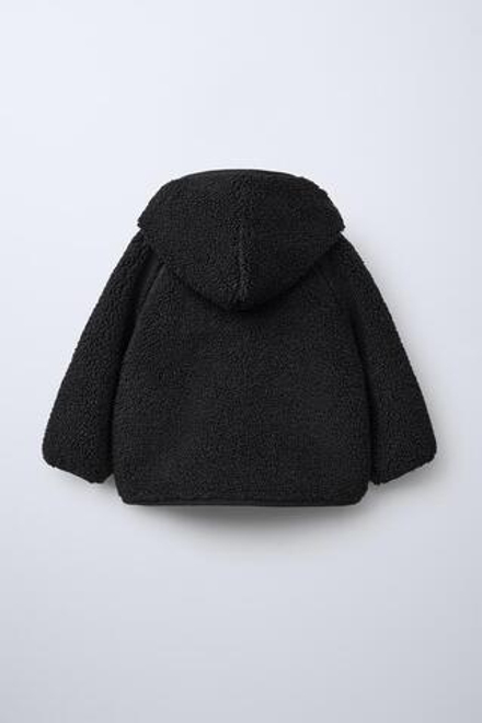 ZARA КУРТКА ИЗ ИСКУССТВЕННОЙ ОВЧИНЫ С КАПЮШОНОМ, ЧЕРНЫЙ