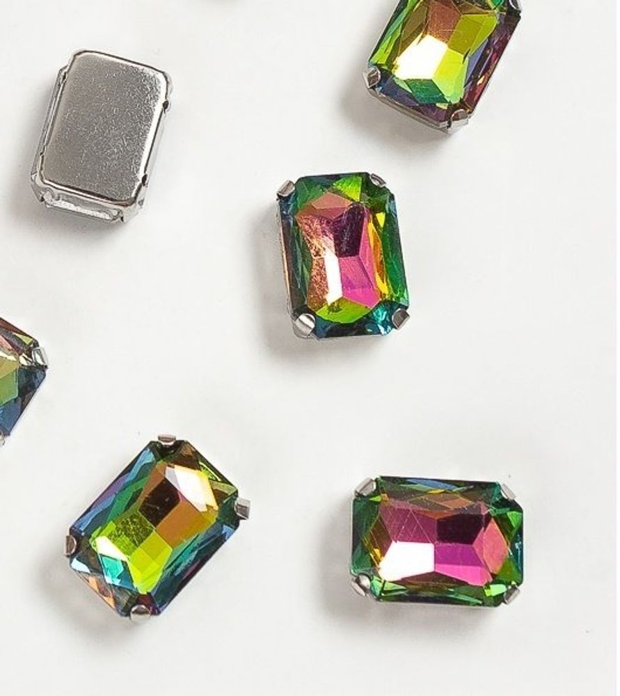 Стразы пришивные стекло в оправе "Прямоугольник", р. 14х10 мм, хамелеон