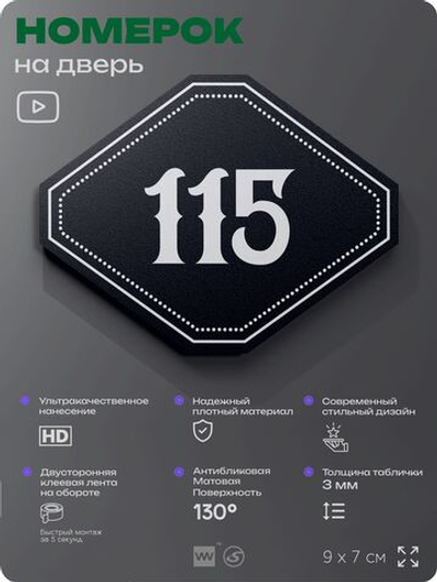 Номерок на дверь квартиры 115, для кабинета, офиса, шильдик 9 х 7 см, черный, Айдентика Технолоджи