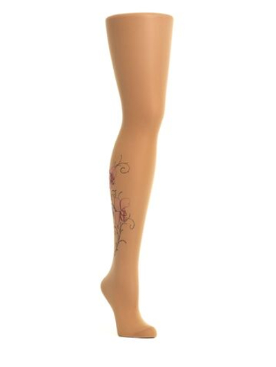 Колготки с принтом в виде розовой орхидеи на правой ножке (Размер: S-M-L) (Цвет: бежевый)