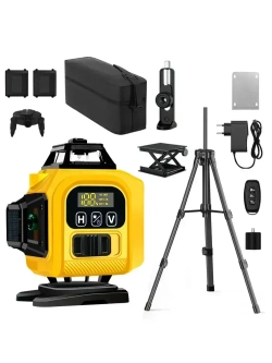 Профессиональный лазерный уровень 4D со штативом, зеленый луч дальность 50м, 16 лучей 360 градусов, самовыравнивание, кейс, пульт, откалиброван