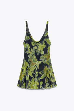 ZARA КОРОТКОЕ ПЛАТЬЕ ИЗ ТЮЛЯ С ЦВЕТОЧНЫМ ПРИНТОМ, ЧЕРНЫЙ/ЗЕЛЕНЫЙ