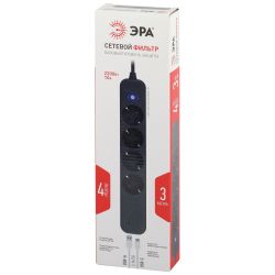 Сетевой фильтр ЭРА USF-4es-3m-2xUSBAC-B с базовой защитой с заземлением с выключателем 4 розетки+2xUSBA+C 2,4A 3м 10А | Сетевые фильтры