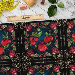 Ткань шифон красные гранаты с листьями