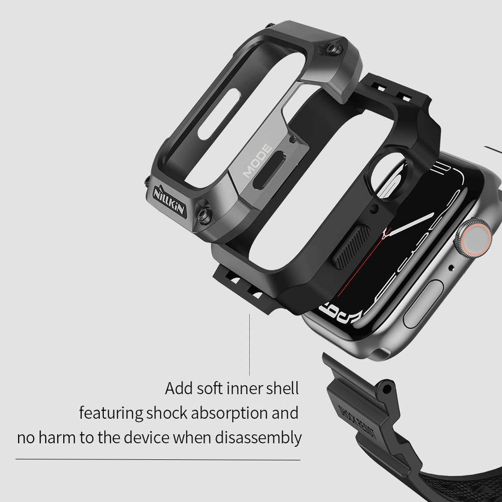 Черный металлический чехол-бампер от Nillkin DynaGuard Wristband Case для часов Apple Watch Series 4, 5 и 6 серии, размером 44мм, в комплекте с ремешком из ТПУ с двойным замком