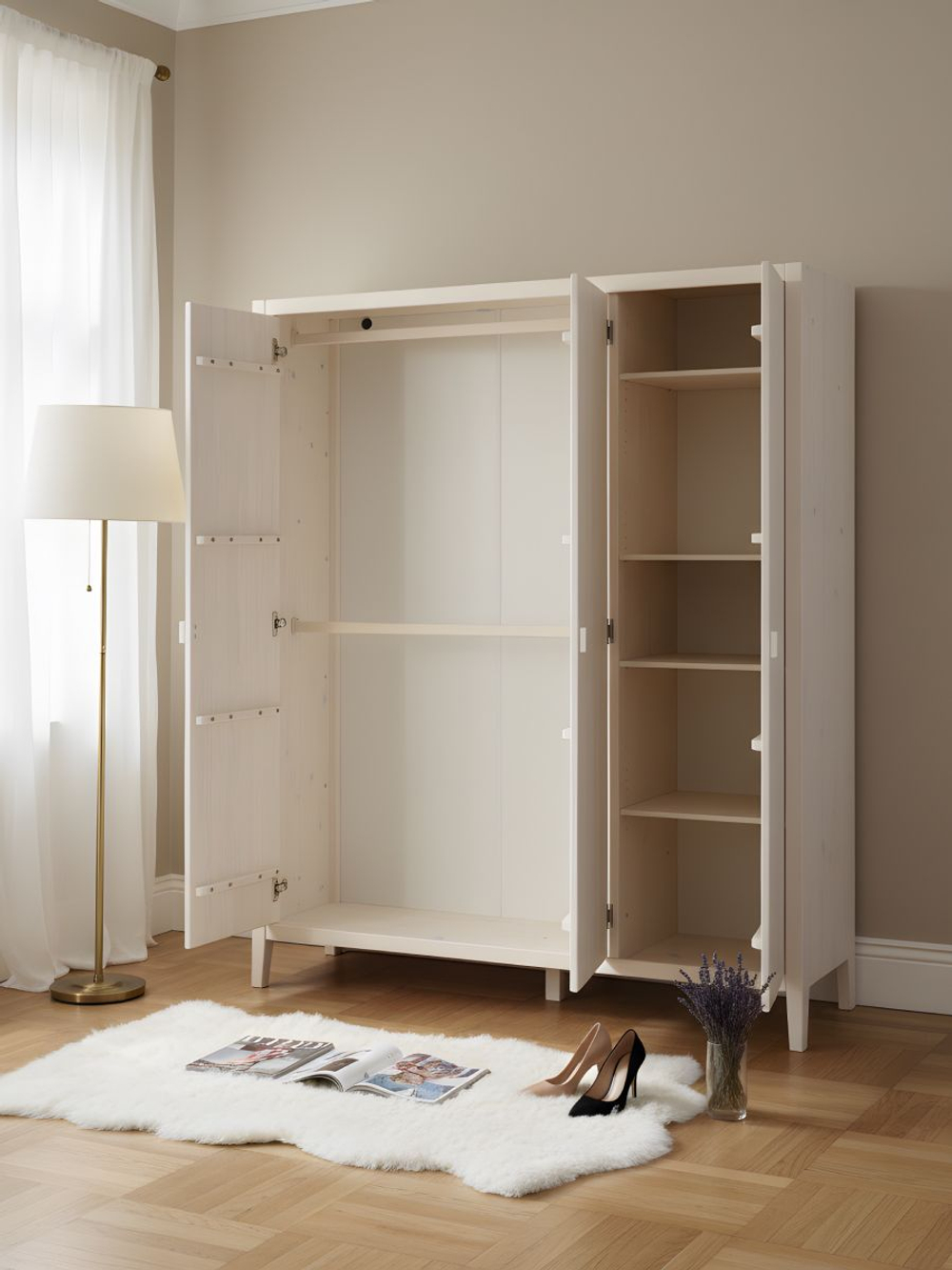 Шкаф 154х50х173, Карлос, распашной для одежды, в прихожую, спальню, массив сосны, 3 двери, со штангой и полками, белый воск, Dipriz