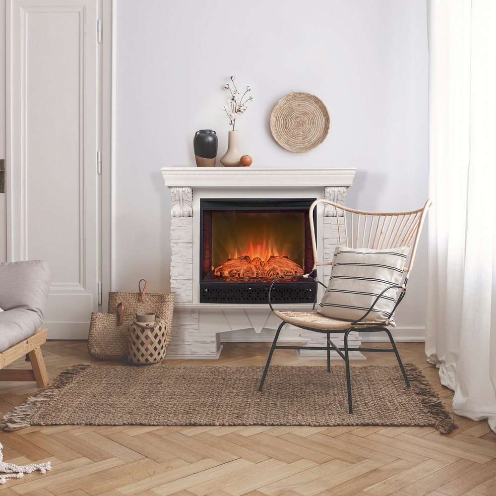 Каминокомплект ROCKLAND LUX/ЧЕЛСИ ЛЮКС Белый дуб с золотой патиной с очагом Электроочаг EVRIKA 25.5