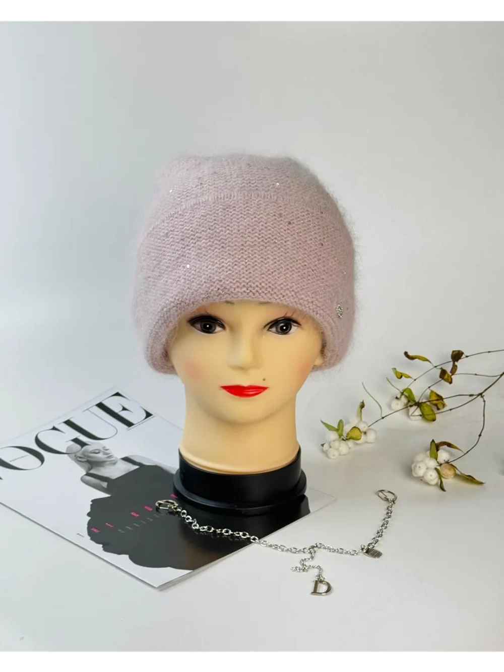 шапка зимняя вязаная ангора с пайетками