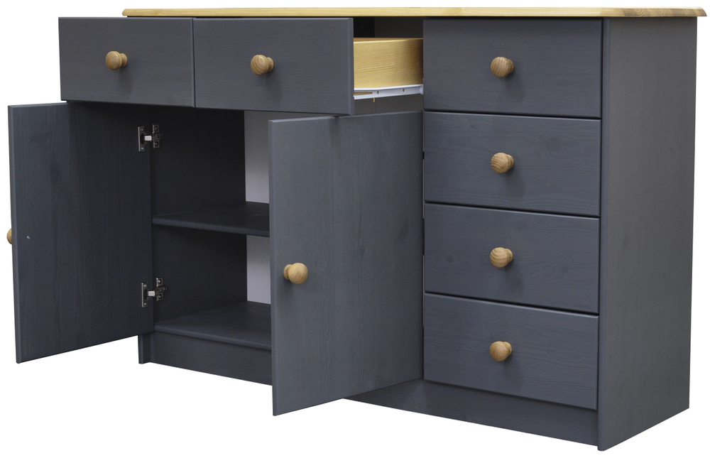 Комод 113х35х73, Хаба, с 6 ящиками для одежды, 2 двери, тумба под телевизор, массив сосны, серый, Dipriz