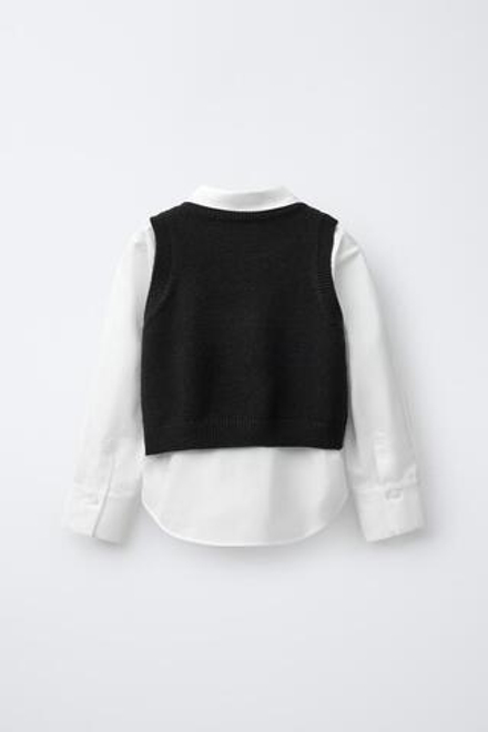 ZARA ОДНОТОННАЯ РУБАШКА С ТРИКОТАЖНЫМ ЖИЛЕТОМ И ЖЕМЧУГОМ, ЧЕРНЫЙ