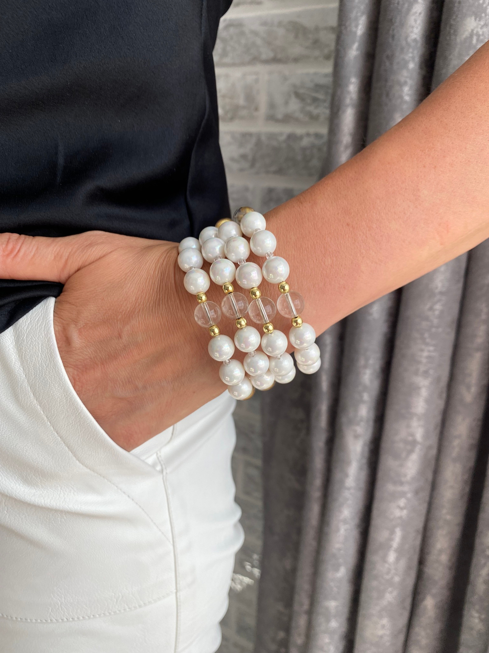 Многослойный браслет Memory, жемчуг Майорка и горный хрусталь