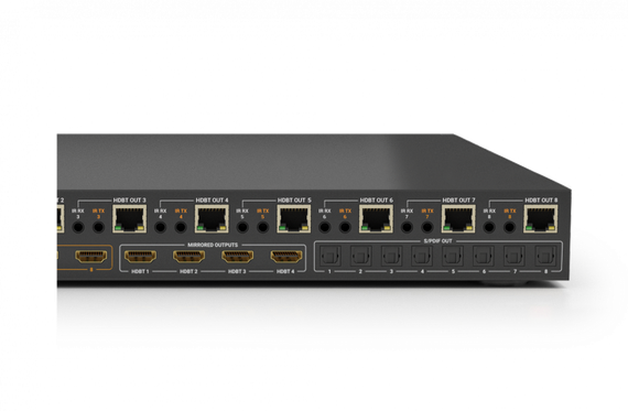 Wyrestorm MXV-0808-H2A - v3, матричный коммутатор 8x8 HDBaseT со сквозными 4хHDMI выходами, двунаправленным ИК и выходами 8хS/PDIF, поддержка HDMI2.0, HDCP2.2, POH, 4K до 35 м, 1080p до 70 м, де-эмбеддер аудио.